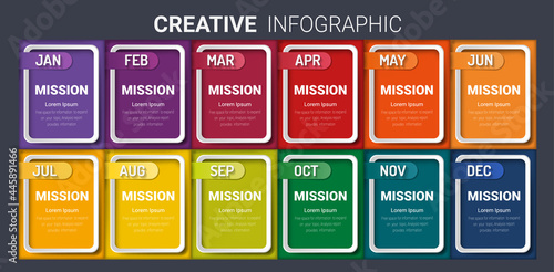 Year planner, 12 months, 1 year, Timeline infographics design vector and Presentation business can be used for Business concept with 12 options, steps or processes. 
