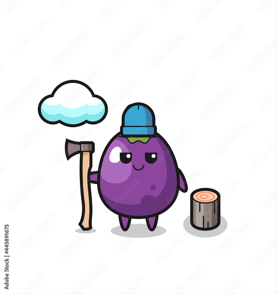 Character cartoon of eggplant as a woodcutter Character cartoon of eggplant as a woodcutter