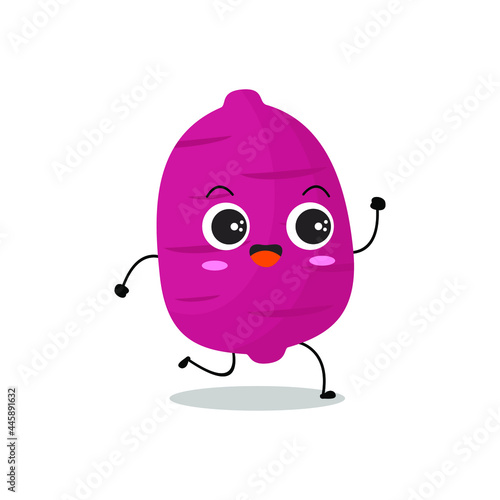 Vector illustration of purple sweet potato character with cute expression, funny, isolated on white background, vegetable for mascot collection, emoticon kawaii, tubers, run, happy, cheerful