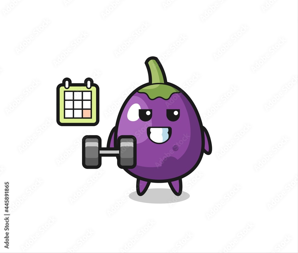 eggplant mascot cartoon doing fitness with dumbbell eggplant mascot cartoon doing fitness with dumbbell