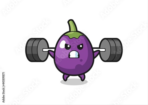eggplant mascot cartoon with a barbell