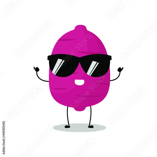 Vector illustration of purple sweet potato character with cute expression, funny, isolated on white background, vegetable for mascot collection, emoticon kawaii, tubers, sunglasses, cool, thumb up