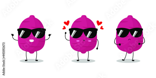 Vector illustration of purple sweet potato character with various cute expression, funny, isolated on white background, vegetable for mascot collection, emoticon kawaii, cool sunglasses, lovely