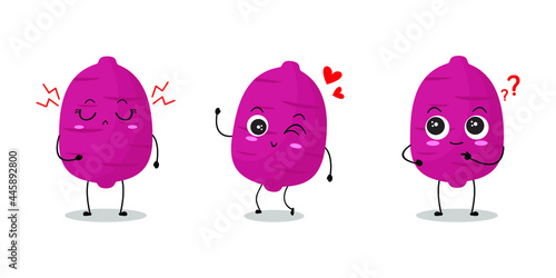 Vector illustration of purple sweet potato character with variouscute expression, funny, isolated on white background, vegetable for mascot collection, emoticon kawaii, lovely collection, happy, smile