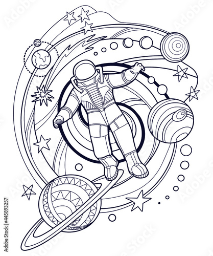 Human (astronaut) in outer space. Fantastic space landscape with planets of solar system and stars. Page of coloring book. Vector illustration isolated on white background.