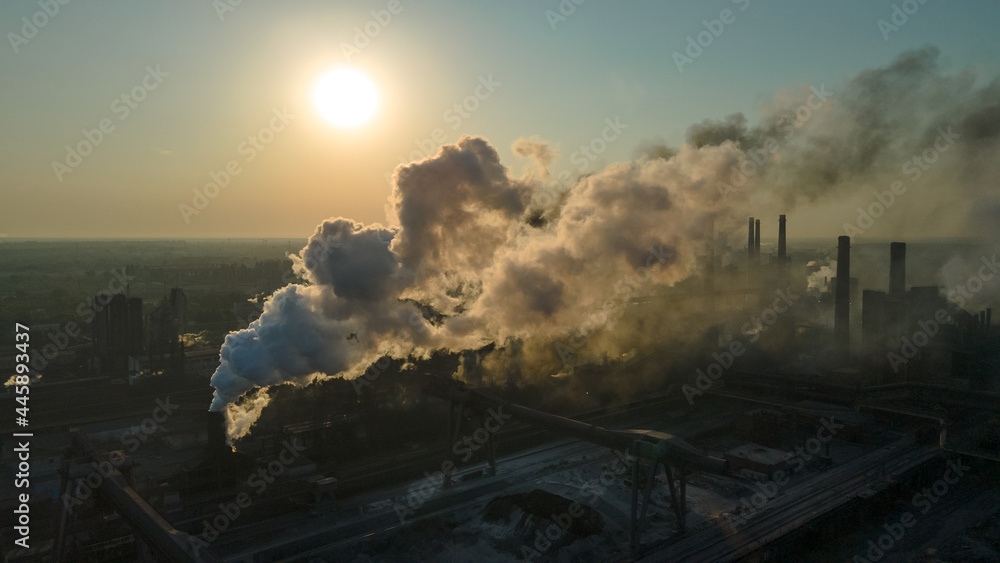 Fototapeta premium metallurgical plant heavy industry poor ecology top view smoke from chimneys smog