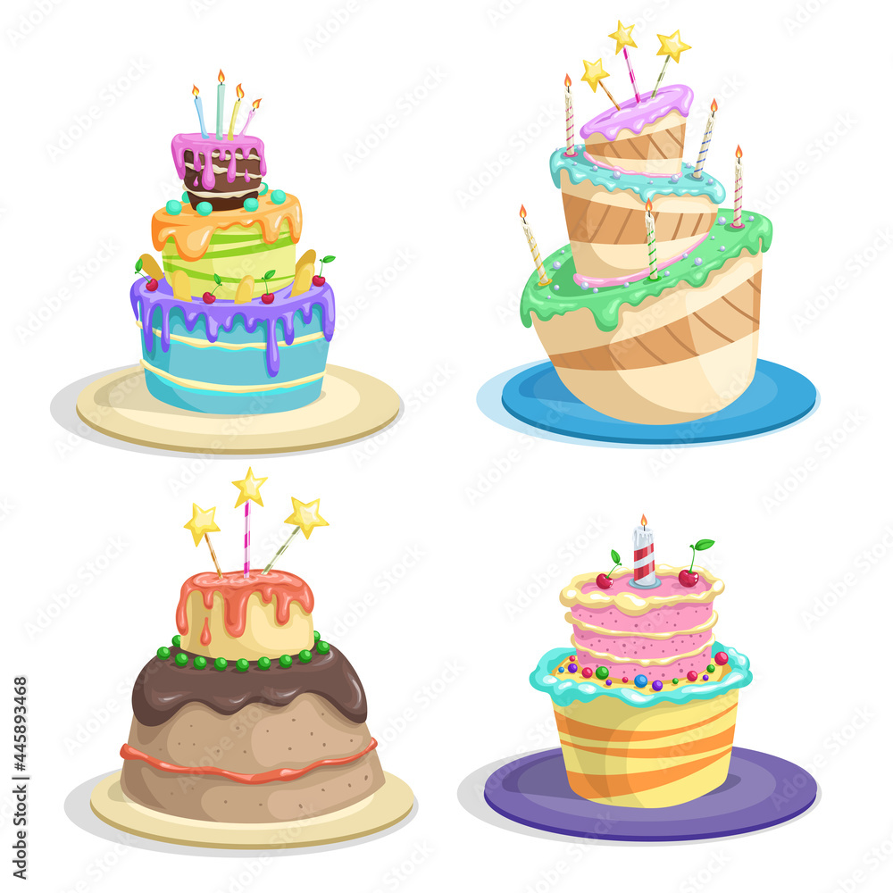 Cartoon birthday cakes set. Funny flat style. cakes with chocolate, candles, sweet cream and icing, Vector illustrations isolated on white. Cartoon birthday cakes set. Funny flat style. cakes with chocolate, candles, sweet cream and icing, Vector illustrations isolated on white.