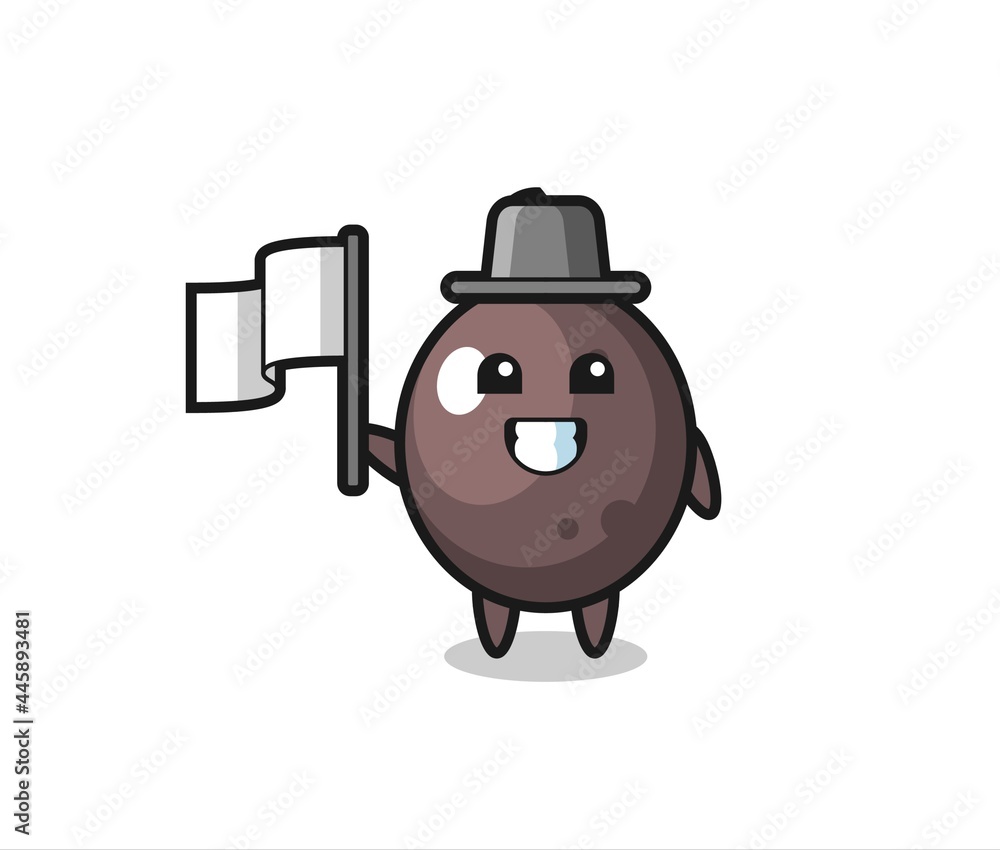 Obraz premium Cartoon character of black olive holding a flag