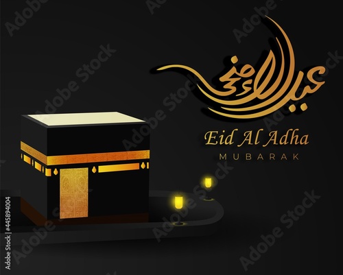 Translation:Eid Al adha.Eid aladha greeting design card with kaba,light and calligraphy. Vector elegant background
