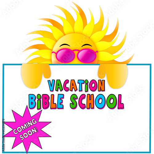 Fun Graphic Vacation Bible School sign with bright cool sun holding onto sign waiting for personalization.  Sun wearing cool sunglasses.