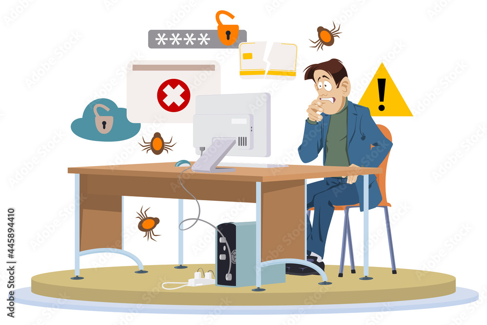 Concept of computer viruses. Shocked man behind computer. Illustration for internet and mobile website.