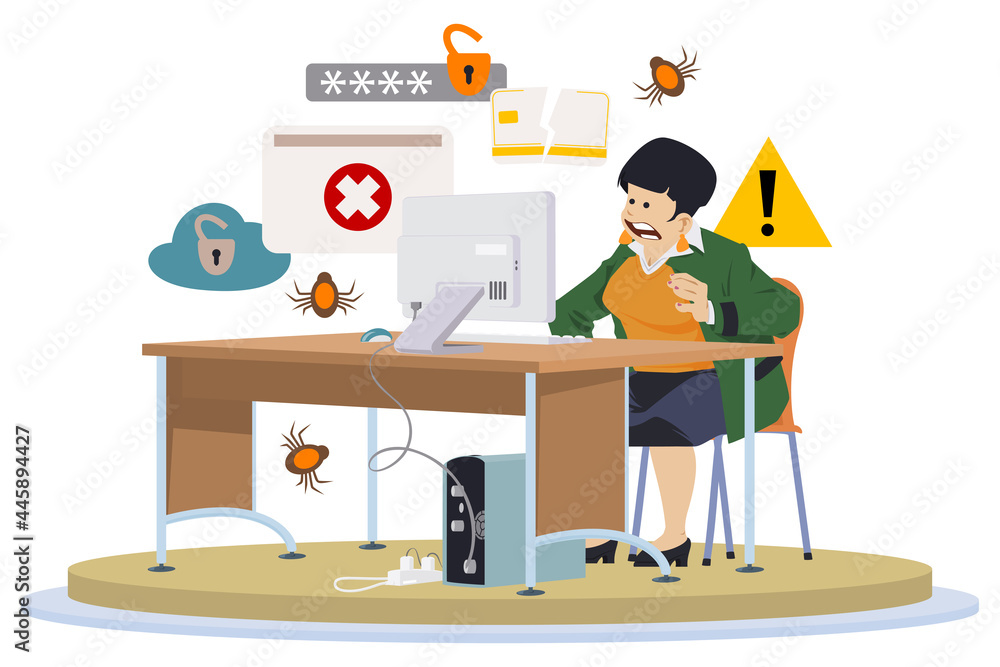Concept of computer viruses. Shocked woman behind computer. Illustration for internet and mobile website. Concept of computer viruses. Shocked woman behind computer. Illustration for internet and mobile website.