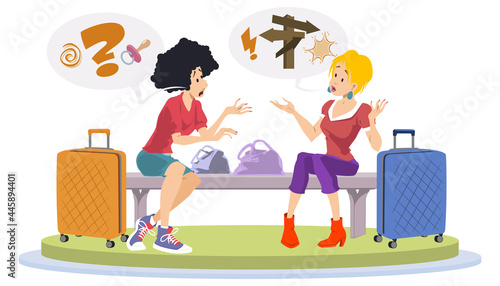 Two cheerful girlfriend. Lost tourists. Illustration for internet and mobile website.