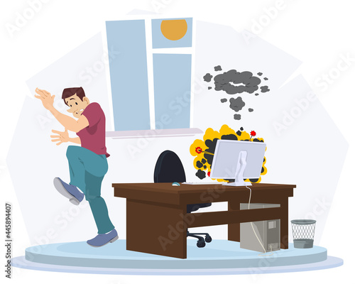 Explosion of computer during work. Illustration for internet and mobile website.
