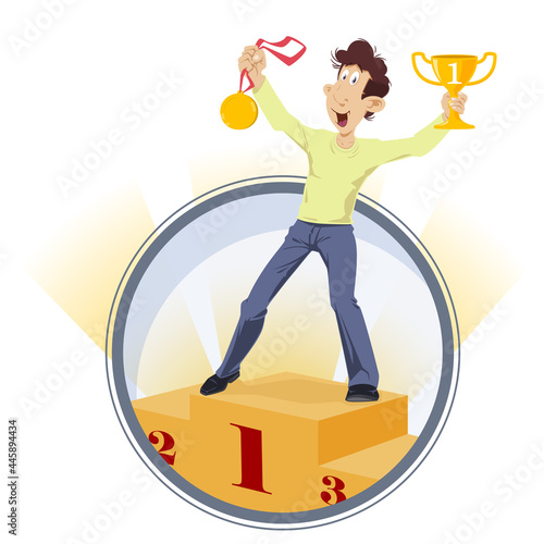 Man winner in first place on podium. Triumph of male. Illustration for internet and mobile website.