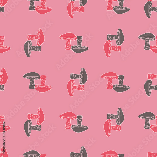 Forest food seamless pattern with grey and pink Leccinum scabrum mushroom elements. Bright background.