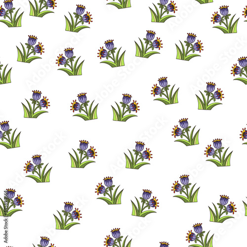 Seamless pattern with blue bell decorative print. Isolated botanic artwork. Floral backdrop.