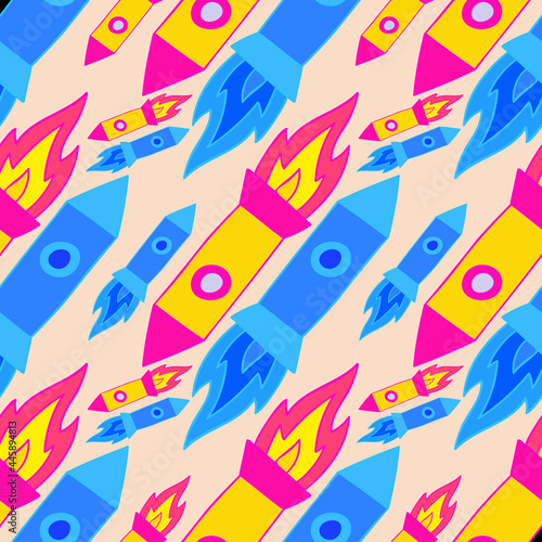 Seamless vector pattern colorful design of outer space with lined rockets in pastel blue and pink tones