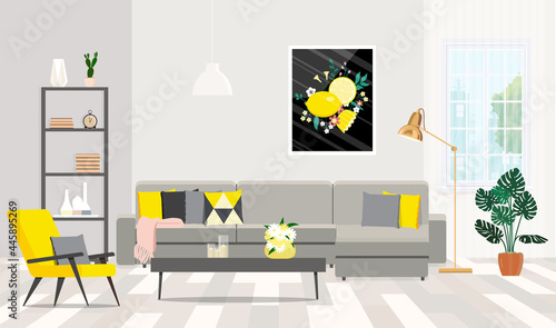 Discreet interior design in gray tones with yellow accents.