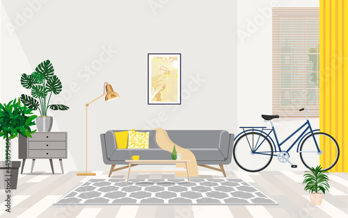 Interior design room in gray and yellow tones with furniture and bike