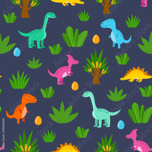 Seamless pattern with dinosaurs  tropical plants