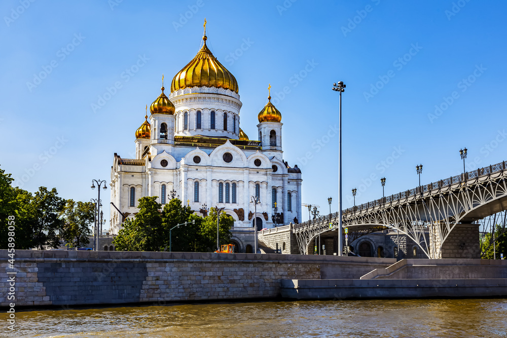 Cathedral of Christ the Savior on a sunny summer day. View from the Moskva River. Moscow, Russia, July 2021