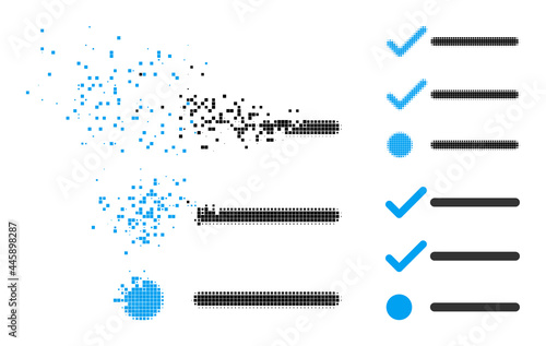 Disintegrating pixelated checklist pictogram with wind effect, and halftone vector pictogram. Pixelated burst effect for checklist shows speed and movement of cyberspace concepts.
