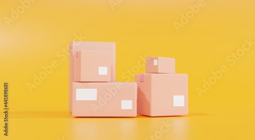 3D illustration Pile of stacked sealed goods cardboard boxes.    on yellow background. © Thanapipat