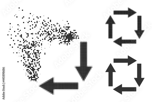 Dust pixelated circulation arrows glyph with destruction effect, and halftone vector icon. Pixelated disappearing effect for circulation arrows gives speed and movement of cyberspace abstractions.