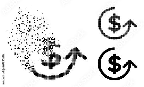 Destructed dotted chargeback icon with wind effect, and halftone vector icon. Pixel dissipation effect for chargeback gives speed and motion of cyberspace objects.
