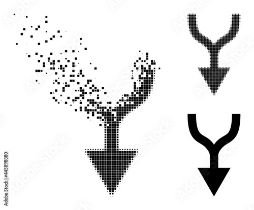 Fragmented dot combine arrow down pictogram with destruction effect, and halftone vector pictogram. Pixelated explosion effect for combine arrow down reproduces speed and motion of cyberspace things.