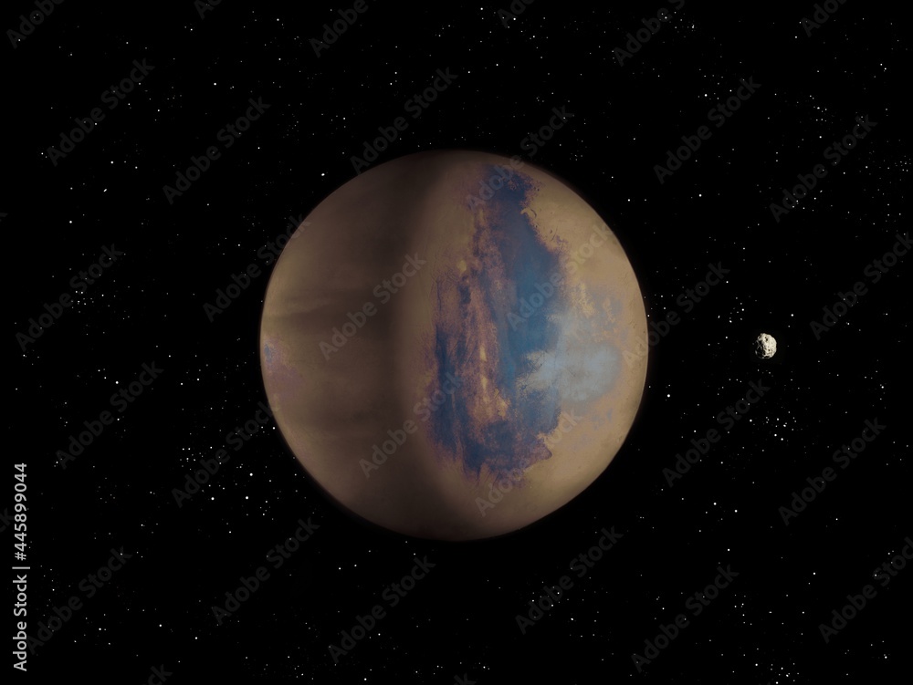 Exoplanet in deep space with asteroid 3D illustration.