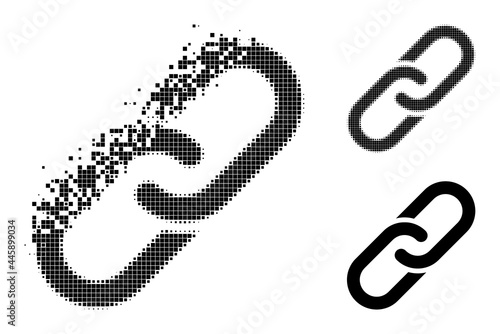 Disappearing pixelated chain pictogram with destruction effect, and halftone vector pictogram. Pixelated dissipation effect for chain gives speed and movement of cyberspace things.