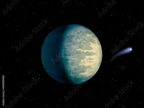 super-earth planet, alien planet with a comet in outer space, exoplanet from another star system 3d illustration.