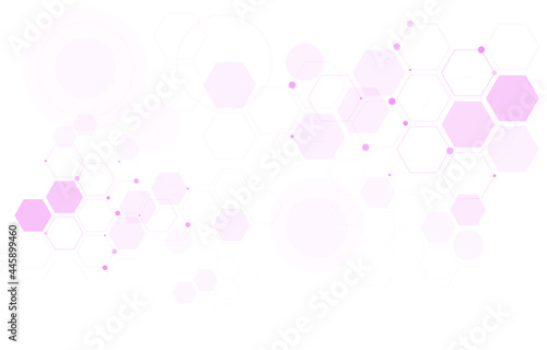 Geometric abstract background with pink hexagons. Structure molecule and communication. Science, technology and medical concept. Vector illustration