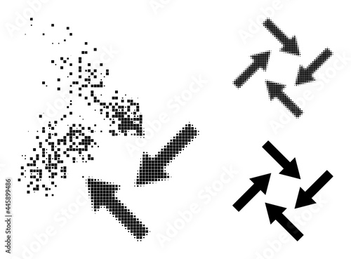 Destructed dot centripetal arrows icon with destruction effect, and halftone vector icon. Pixel dust effect for centripetal arrows shows speed and motion of cyberspace things.
