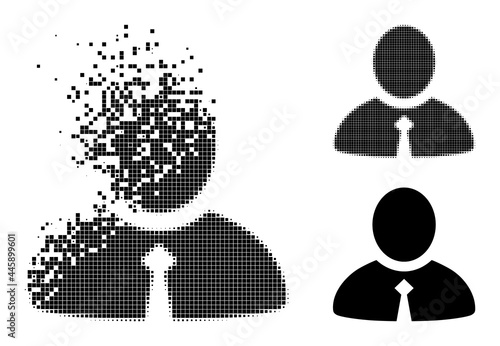 Damaged dotted clerk icon with destruction effect, and halftone vector pictogram. Pixelated creation effect for clerk gives speed and motion of cyberspace items.