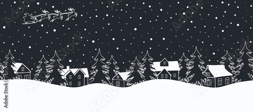 Christmas background. Winter village. Seamless border. Fairy tale winter landscape. Santa Claus is riding across the sky on deers. There are white houses and fir trees on a dark blue background.Vector