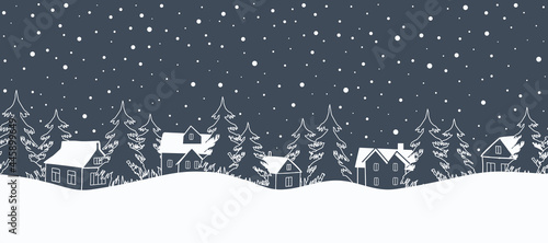 Winter background. Seamless border. Christmas landscape. White silhouettes of houses and fir trees on a dark blue background. Vector illustration