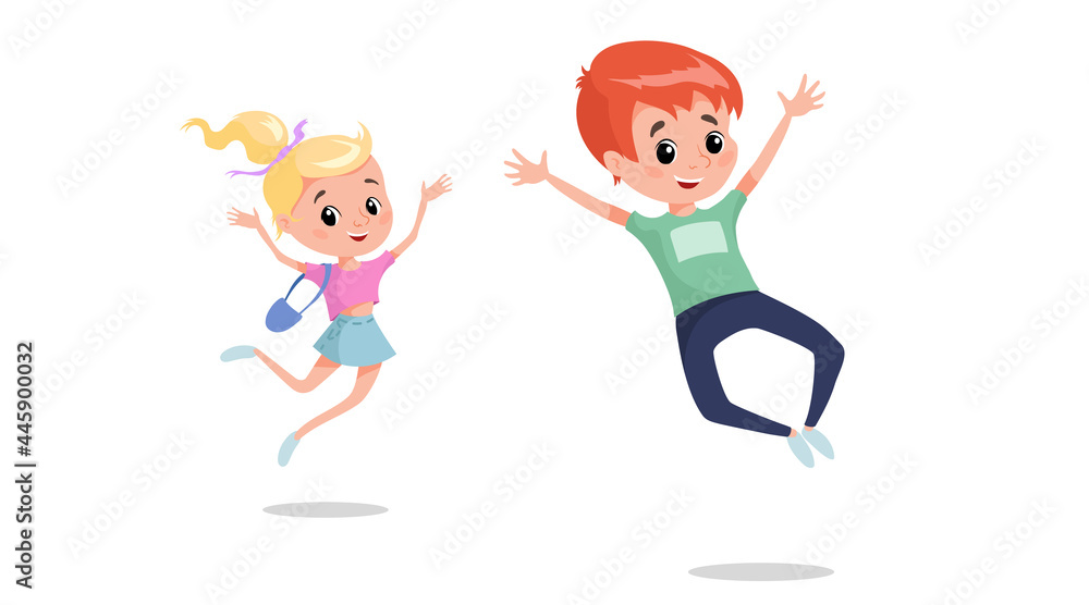 Happy children jumping and laughing. Caucasian school age children illustration. Best for posters, banners, invitations. Vector drawing isolated on white.