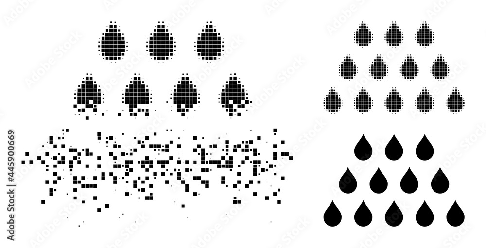 Fototapeta premium Erosion dot drops pictogram with wind effect, and halftone vector pictogram. Pixelated dispersing effect for drops reproduces speed and movement of cyberspace objects.