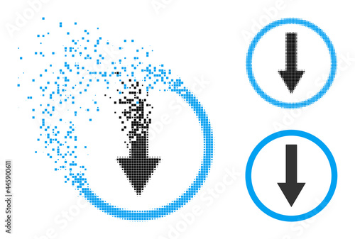 Dissipated dot down rounded arrow icon with wind effect, and halftone vector icon. Pixelated dissolution effect for down rounded arrow gives speed and movement of cyberspace items.