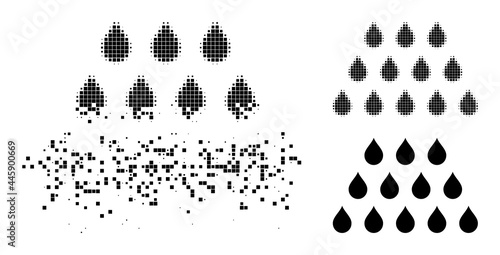 Erosion dot drops pictogram with wind effect, and halftone vector pictogram. Pixelated dispersing effect for drops reproduces speed and movement of cyberspace objects.