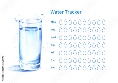 Water tracker with watercolor glass of water