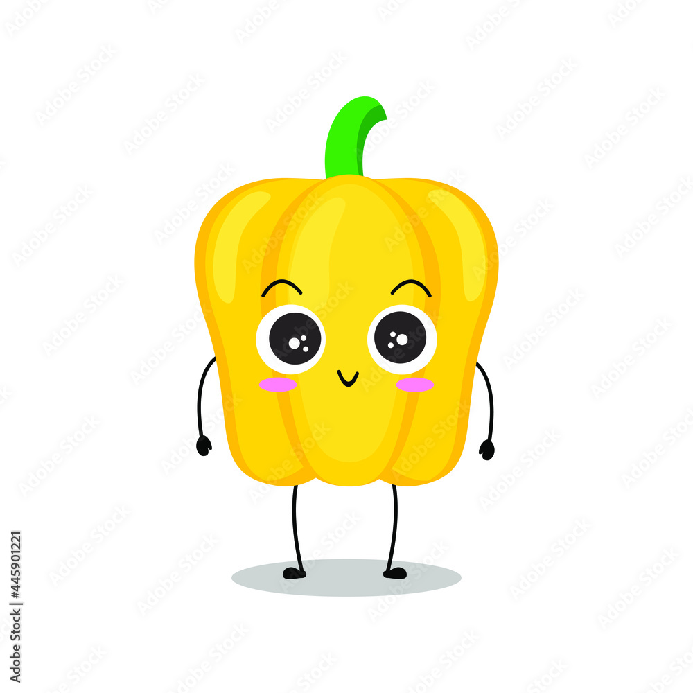 Vector illustration of yellow paprika character with cute expression, funny, paprika isolated on white background, vegetable for mascot collection, emoticon kawaii, chili pepper, smile, happy greeting Vector illustration of yellow paprika character with cute expression, funny, paprika isolated on white background, vegetable for mascot collection, emoticon kawaii, chili pepper, smile, happy greeting