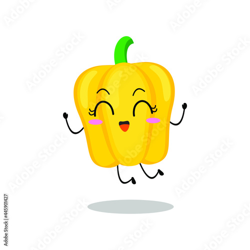 Vector illustration of yellow paprika character with cute expression, funny, paprika isolated on white background, vegetable for mascot collection, emoticon kawaii, chili pepper, jump, happy