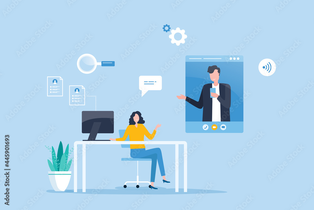 flat illustration online job interview design concept and Business team working meeting online with technology remote connection concept flat illustration online job interview design concept and Business team working meeting online with technology remote connection concept
