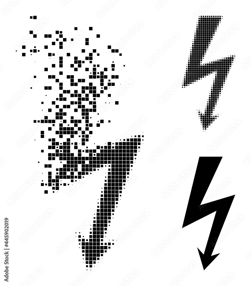 Disappearing dotted high voltage icon with destruction effect, and halftone vector composition. Pixel disintegrating effect for high voltage demonstrates speed and motion of cyberspace abstractions.