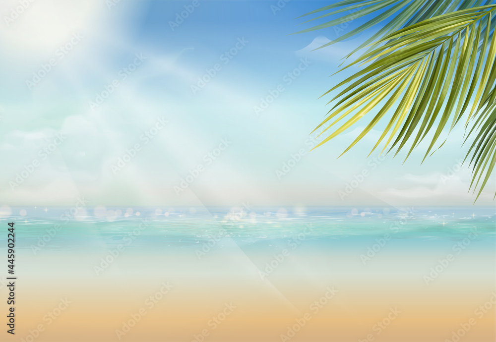 Attractive Summer Resort With Palm Leaves Vast Ocean 3D Style