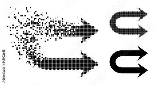 Broken pixelated double right arrow glyph with destruction effect, and halftone vector composition. Pixelated dust effect for double right arrow gives speed and movement of cyberspace things.